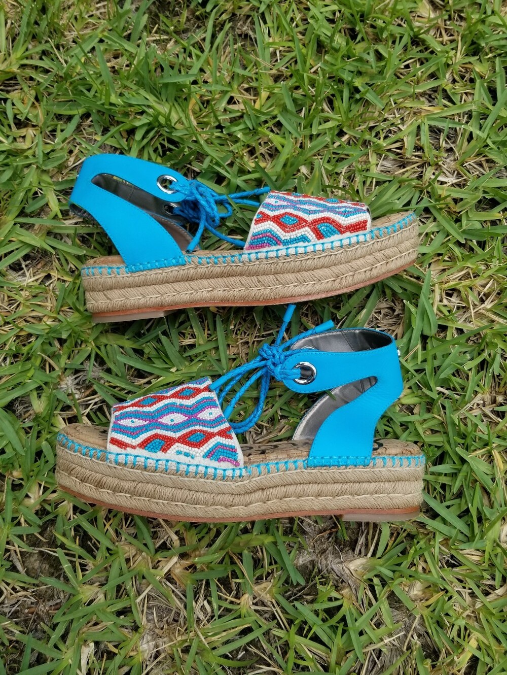 Sam Edelman Neera Platform Beaded Espadrille Sandals Red White and Blue Size 10